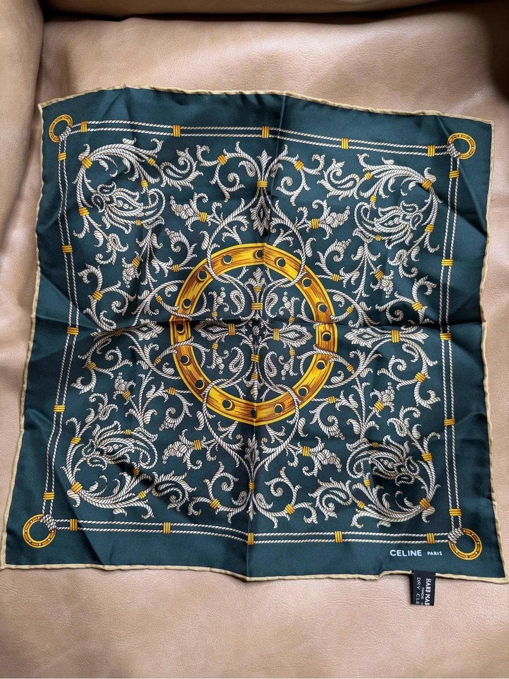 Celine Paris Silk Scarf - Deep Green with Gold